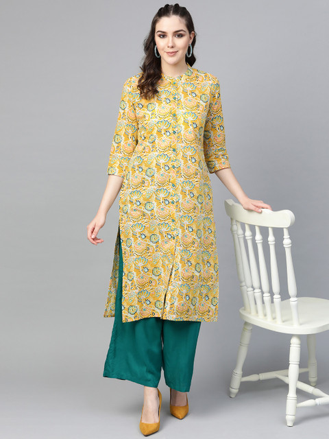 

Varanga Women Yellow & Blue Printed Straight Kurta