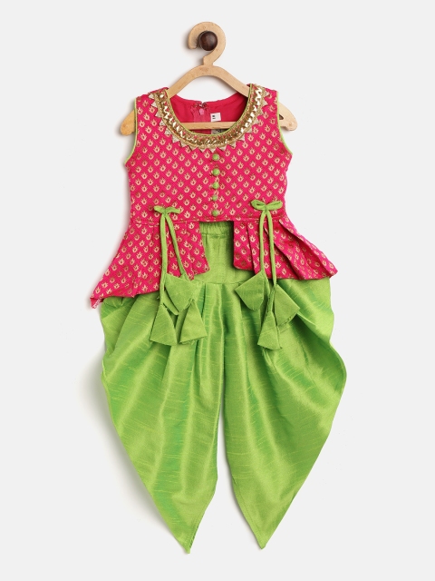 

BownBee Girls Pink & Green Self Design Kurti with Dhoti Pants