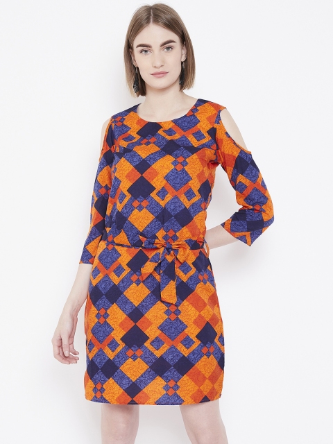 

Deewa Women Orange & Blue Printed Cold-Shoulder A-Line Dress