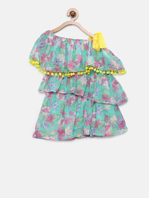 

Soul Fairy Girls Sea Green Printed Fit and Flare One shoulder Dress