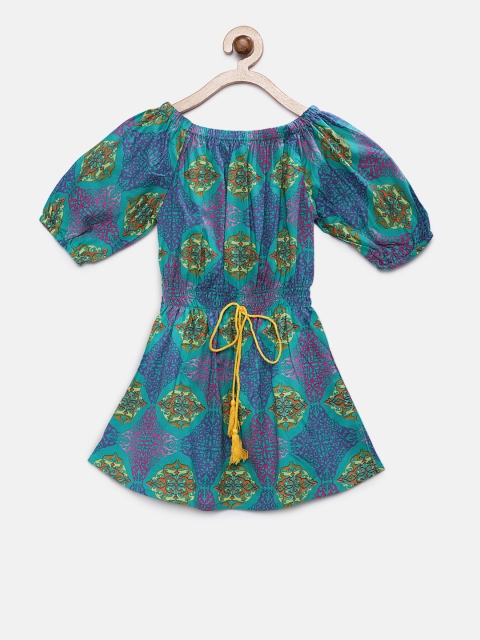 

Soul Fairy Girls Sea Green & Yellow Printed Blouson Dress