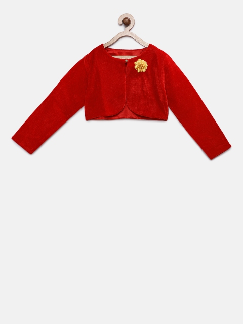 

Soul Fairy Girls Red Solid Button Velvet Shrug