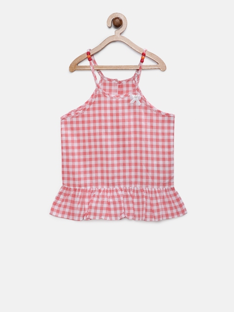 

Soul Fairy Girls Peach-Coloured Checked Tank Top