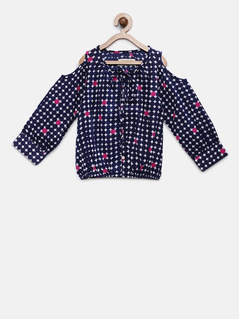 

Soul Fairy Girls Navy Blue Printed Blouson Pure Cotton Top