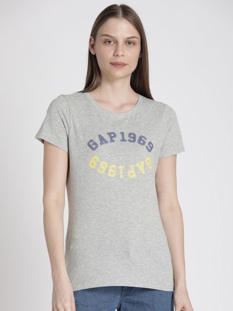 

GAP Women Grey Melange Printed Logo Short Sleeve T-shirt