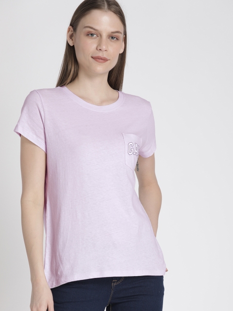 

GAP Women Lavender Solid Logo Pocket T-Shirt