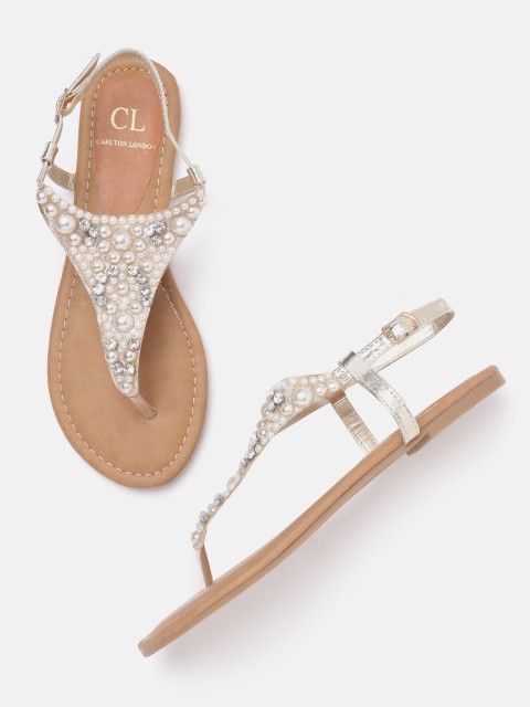 

Carlton London Women Gold-Toned & Off-White Embellished T-Strap Flats