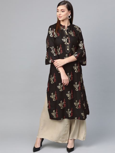 

Shree Women Black & Golden Printed Straight Kurta