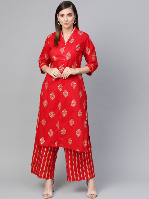 

Shree Women Red & Golden Printed Kurta with Palazzos