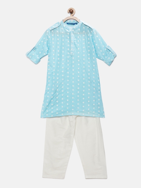 

Lil Peacock Boys Blue & White Woven Design Kurta with Pyjamas