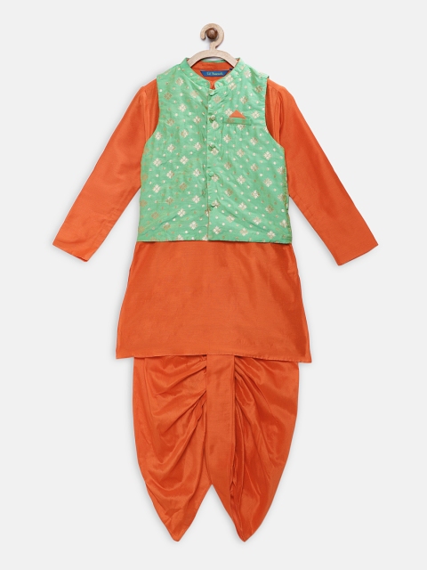 

Lil Peacock Boys Orange & Green Solid Kurta with Dhoti Pants & Nehru Jacket