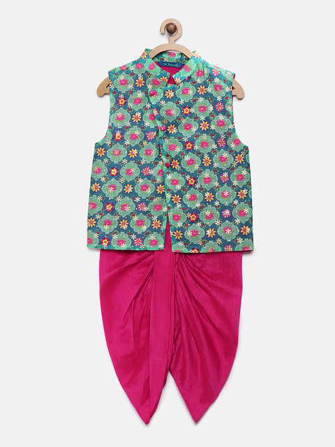 

Lil Peacock Boys Fuchsia & Teal Solid Kurta with Dhoti Pants