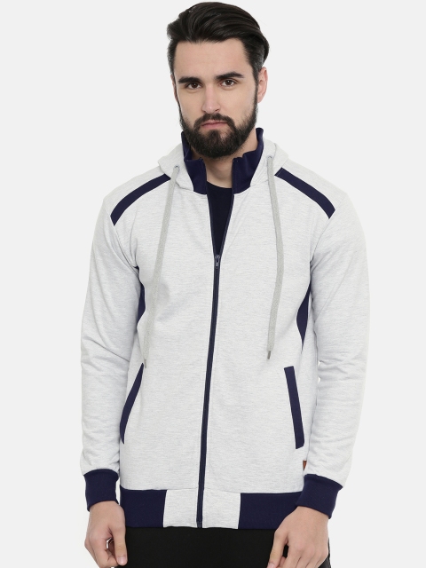 

UNSULLY Men Off-White & Navy Blue Solid Hooded Sweatshirt