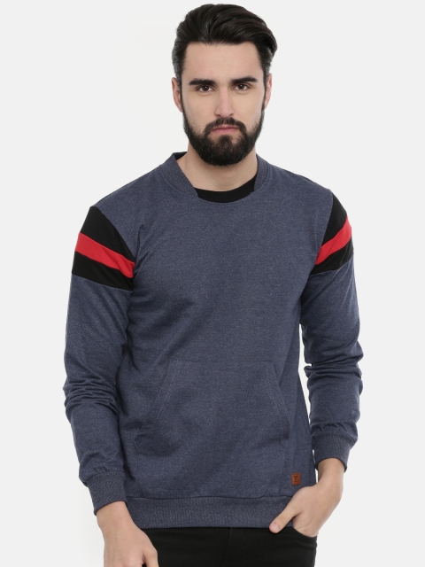 

UNSULLY Men Navy Blue Solid Sweatshirt With Striped Sleeves
