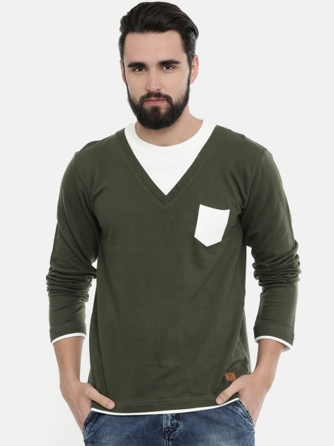 

UNSULLY Men Olive Green Solid Sweatshirt with Patch Pocket