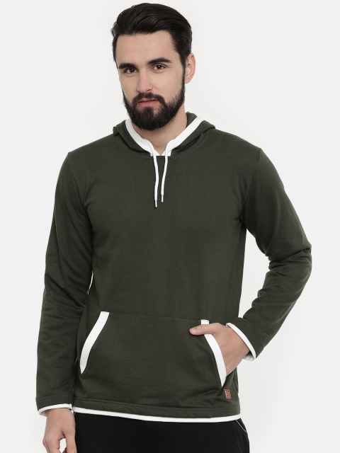 

UNSULLY Men Olive Green & White Solid Hooded Sweatshirt