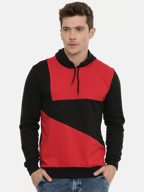 

UNSULLY Men Black & Red Colourblocked Hooded Sweatshirt