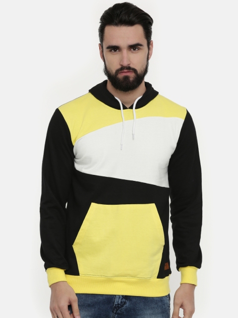 

UNSULLY Men Black & Yellow Colourblocked Hooded Sweatshirt