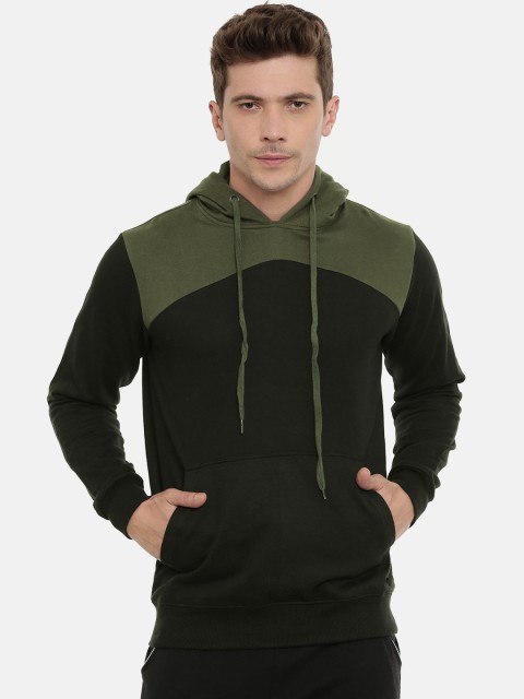 

UNSULLY Men Olive Green & Black Colourblocked Hooded Sweatshirt