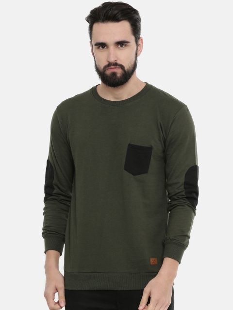 

UNSULLY Men Olive Green & Black Solid Sweatshirt With Elbow Patches