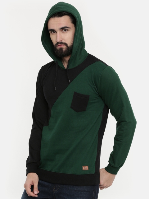 

UNSULLY Men Black & Green Colourblocked Hooded Sweatshirt