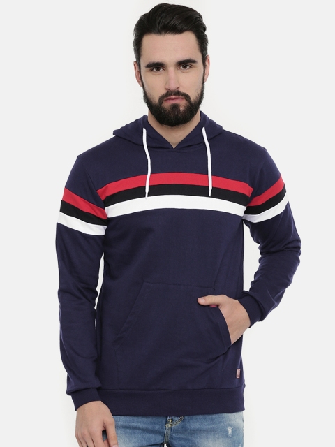 

UNSULLY Men Navy Blue & Red Striped Hooded Sweatshirt