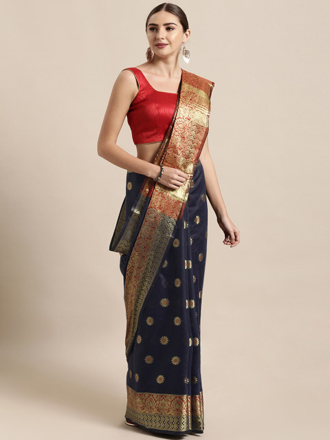 

Satrani Navy Blue & Pink Silk Cotton Woven Design Banarasi Saree