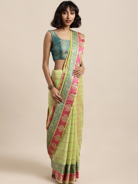 

Satrani Green & Pink Silk Cotton Checked Banarasi Saree