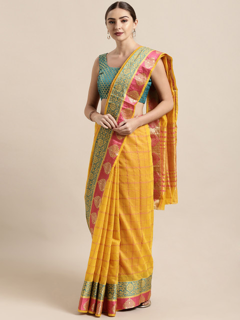 

Satrani Yellow & Pink Silk Cotton Checked Banarasi Saree