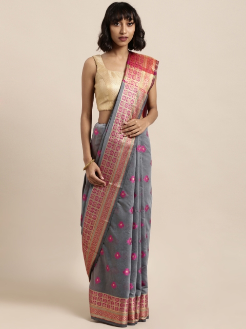 

Satrani Grey & Pink Silk Cotton Embroidered Banarasi Saree
