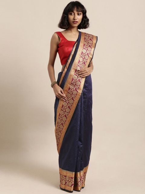 

Satrani Navy Blue & Gold-Coloured Poly Silk Solid Tussar Saree