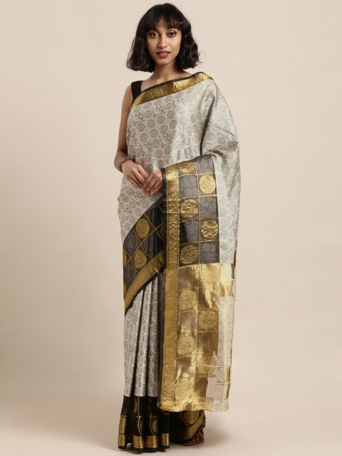 

Satrani Off-White & Black Poly Silk Woven Design Kanjeevaram Saree