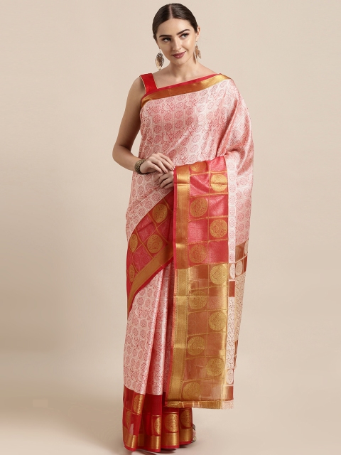 

Satrani White & Coral Red Poly Silk Woven Design Kanjeevaram Saree