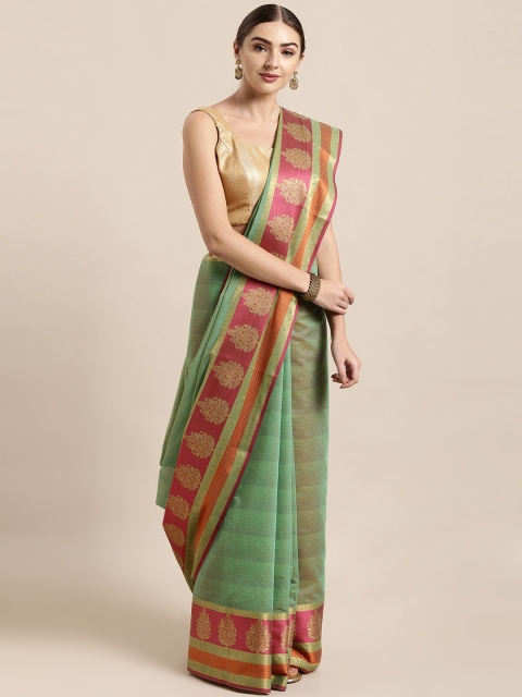 

Satrani Green Silk Cotton Striped Banarasi Saree
