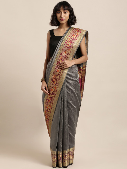 

Satrani Grey Poly Silk Solid Tussar Silk Jacquard Patta Saree