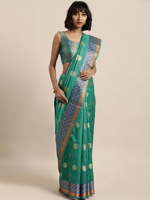 

Satrani Green & Gold-Coloured Poly Silk Woven Design Kanjeevaram Saree