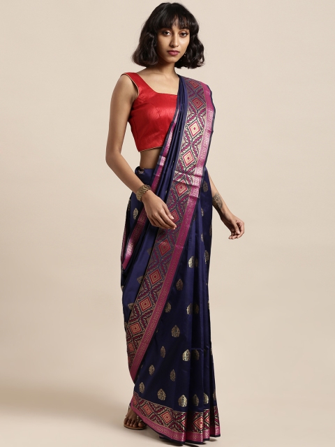 

KALINI Navy Blue Poly Silk Woven Design Kanjeevaram Saree
