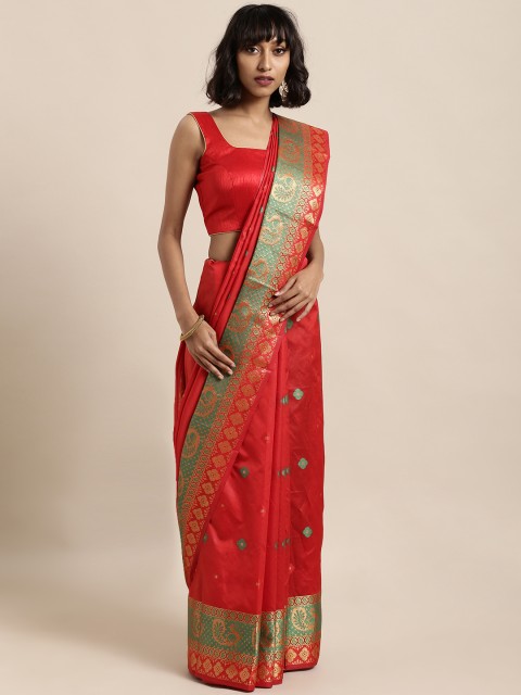 

Satrani Red & Turquoise Blue Poly Silk Woven Design Kanjeevaram Saree