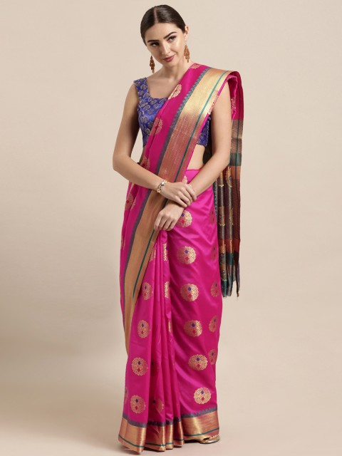

Satrani Pink & Gold-Toned Poly Silk Woven Design Kanjeevaram Saree