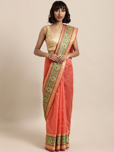 

Satrani Peach-Coloured Poly Silk Woven Design Tussar Saree