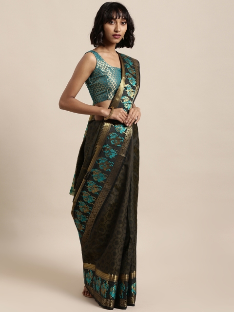 

Satrani Olive Green Poly Silk Woven Design Banarasi Saree