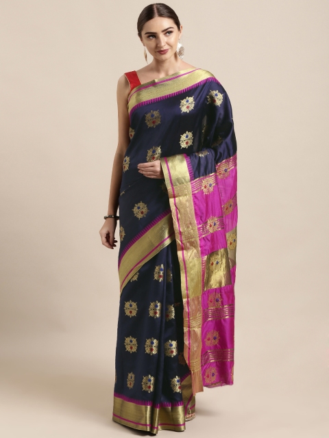 

Satrani Navy Blue & Gold-Toned Poly Silk Woven Design Kanjeevaram Saree