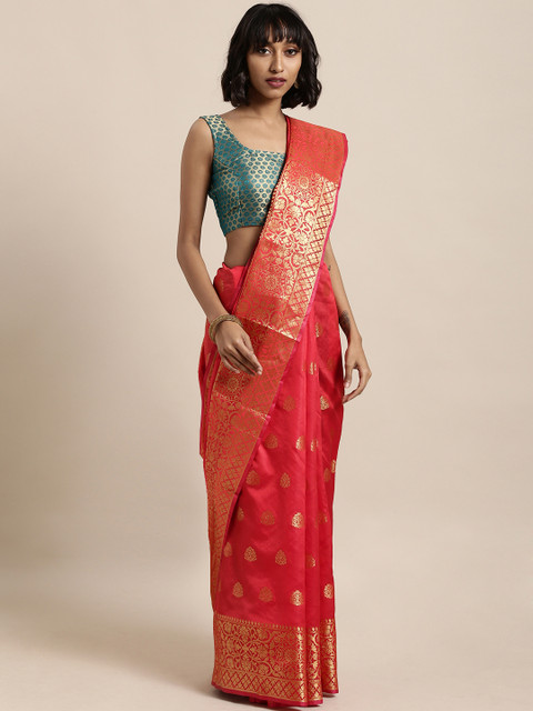 

Satrani Red & Turquioise Blue Poly Silk Woven Design Kanjeevaram Saree