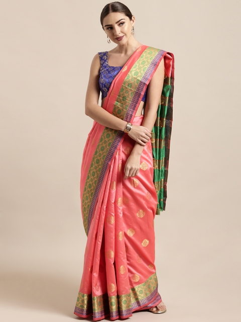 

Satrani Pink & Green Poly Silk Woven Design Kanjeevaram Saree