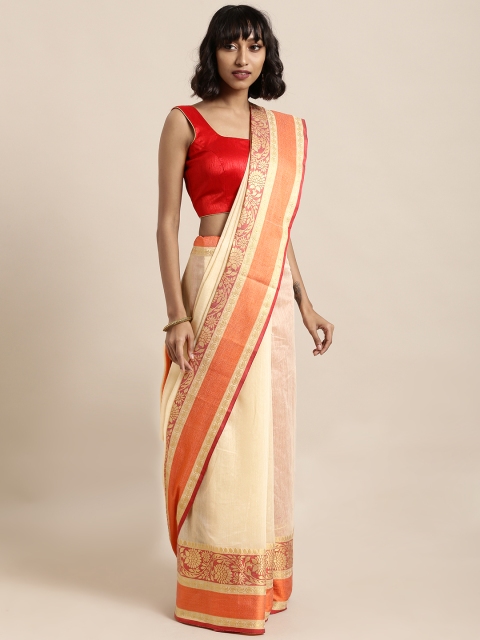 

KALINI Beige & Red Silk Cotton Solid Banarasi Saree