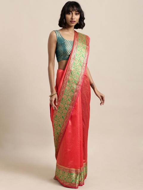

Satrani Peach-Coloured & Green Poly Silk Solid Tussar Saree