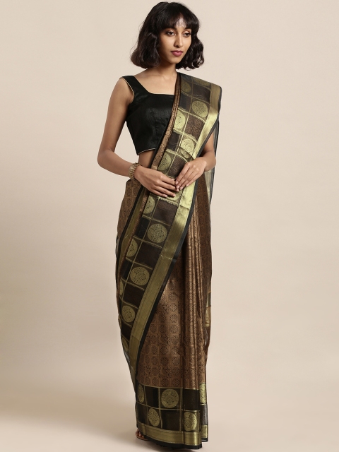 

Satrani Brown & Gold-Toned Poly Silk Woven Design Kanjeevaram Saree