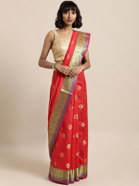 

Satrani Red & Green Poly Silk Woven Design Kanjeevaram Saree