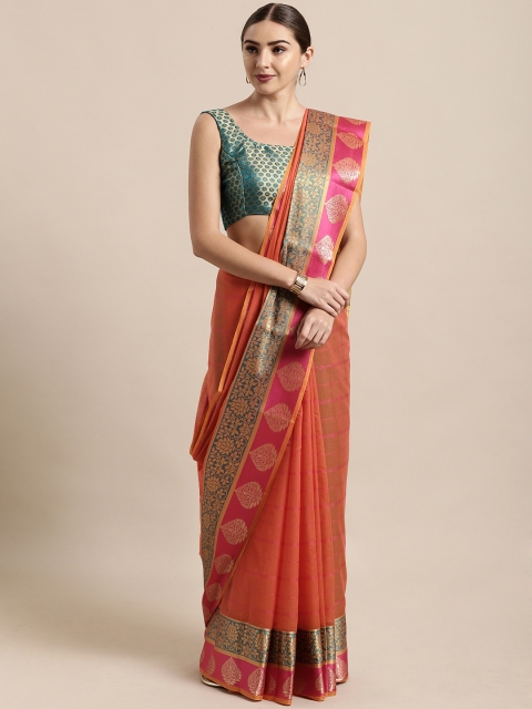 

Satrani Orange & Pink Silk Cotton Checked Banarasi Saree