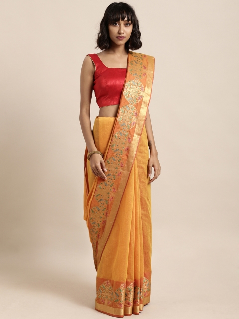 

Satrani Yellow Silk Cotton Solid Banarasi Saree